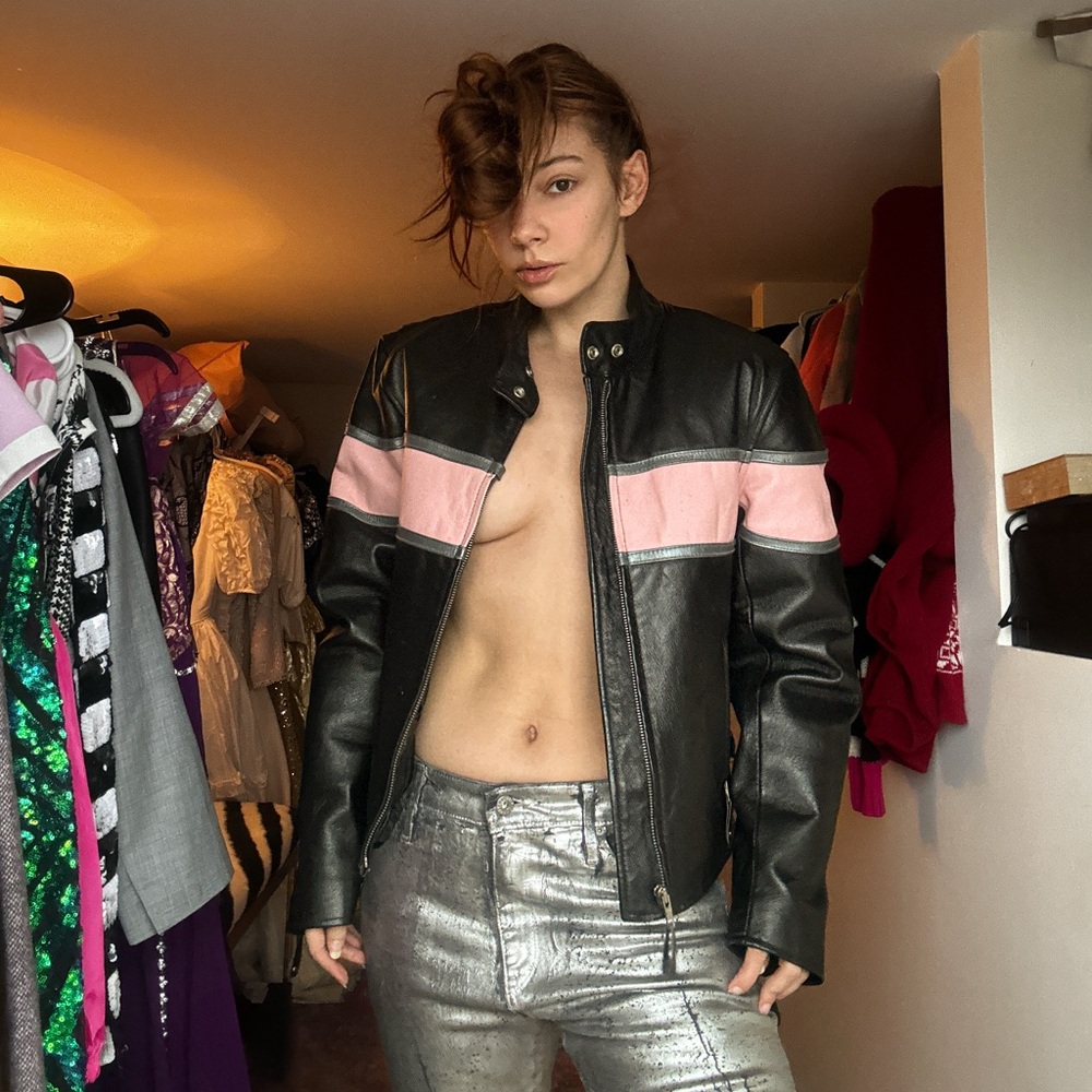 Black and Pink Leather Motorcycle Jacket